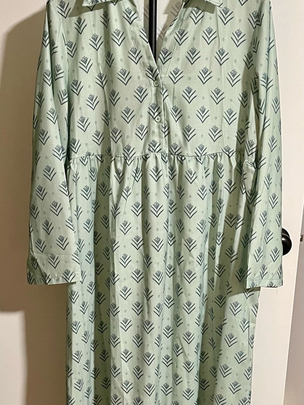 Sage Green Patterned Button-Front Midi Dress
